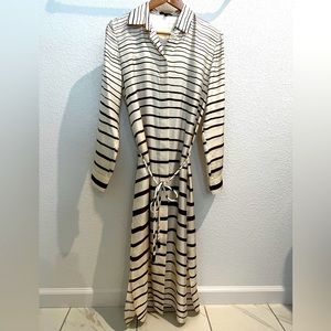 Tahari brown and cream striped long sleeve belted silk dress, Small